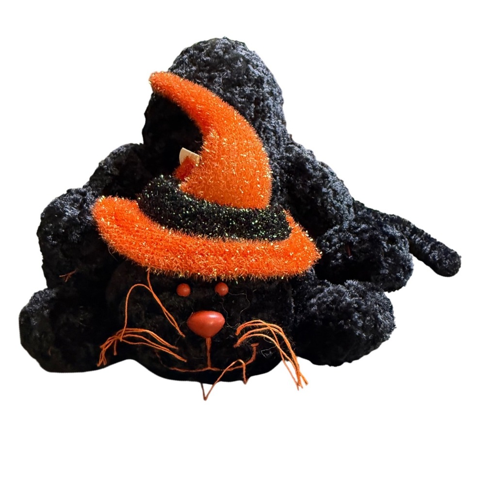 Black Halloween Cat Plush Stuffed Animal Orange Glitter Witch Hat Sitting Pose‎
